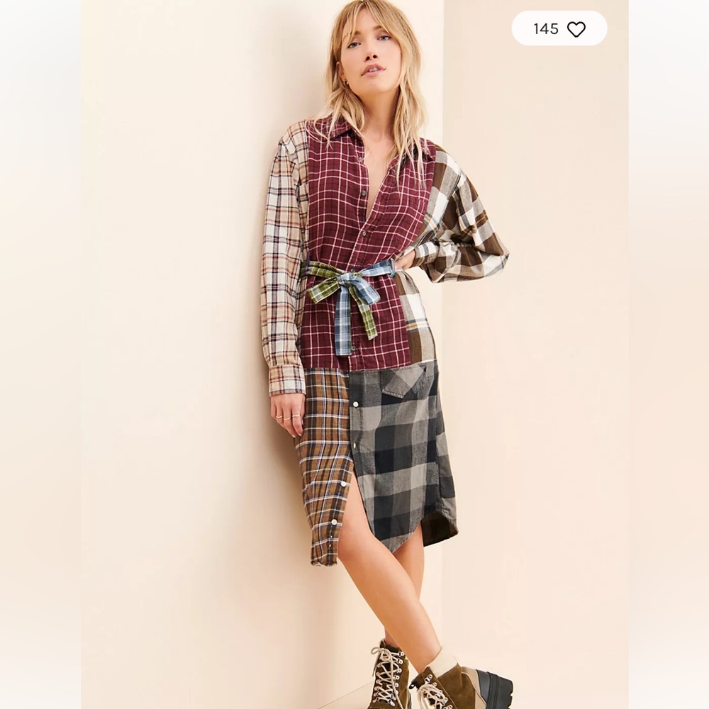 Free People Patchwork Plaid Midi Dress in Burgundy, Brown, Olive, Navy - Picture 3 of 6